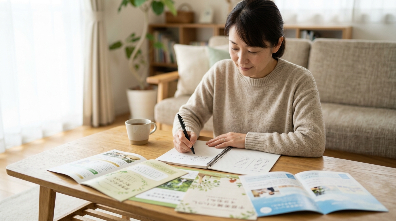 リビングのテーブルにフリースクールの資料と手書きのメモを広げて費用を書き出す保護者