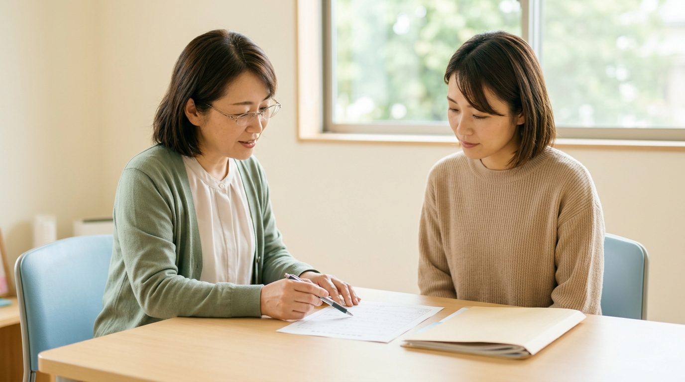 自治体の窓口担当者がテーブル越しに助成金制度の書類を保護者に説明している場面