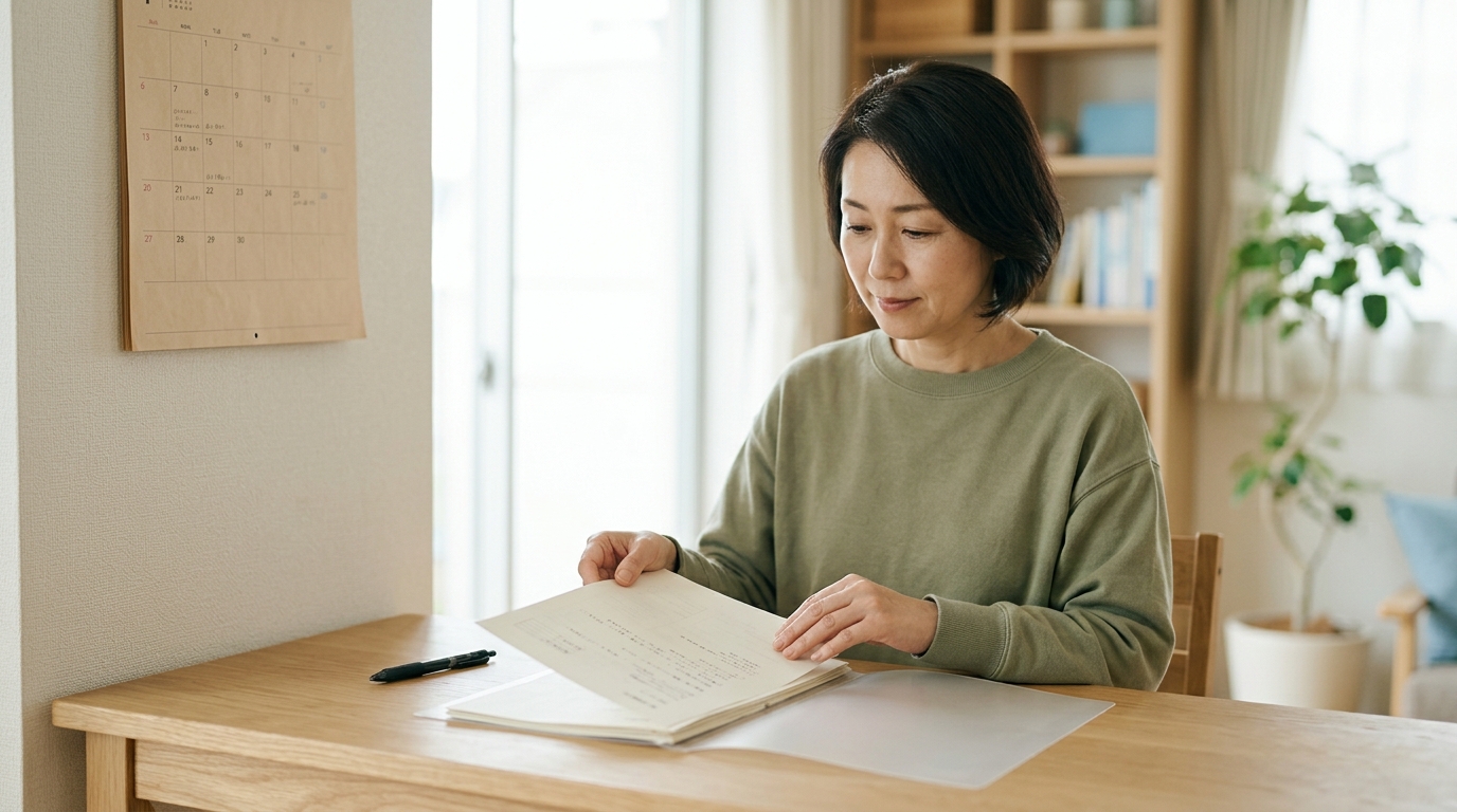 自宅の勉強机で助成金の申請書類一式をファイルに整理する保護者の手元