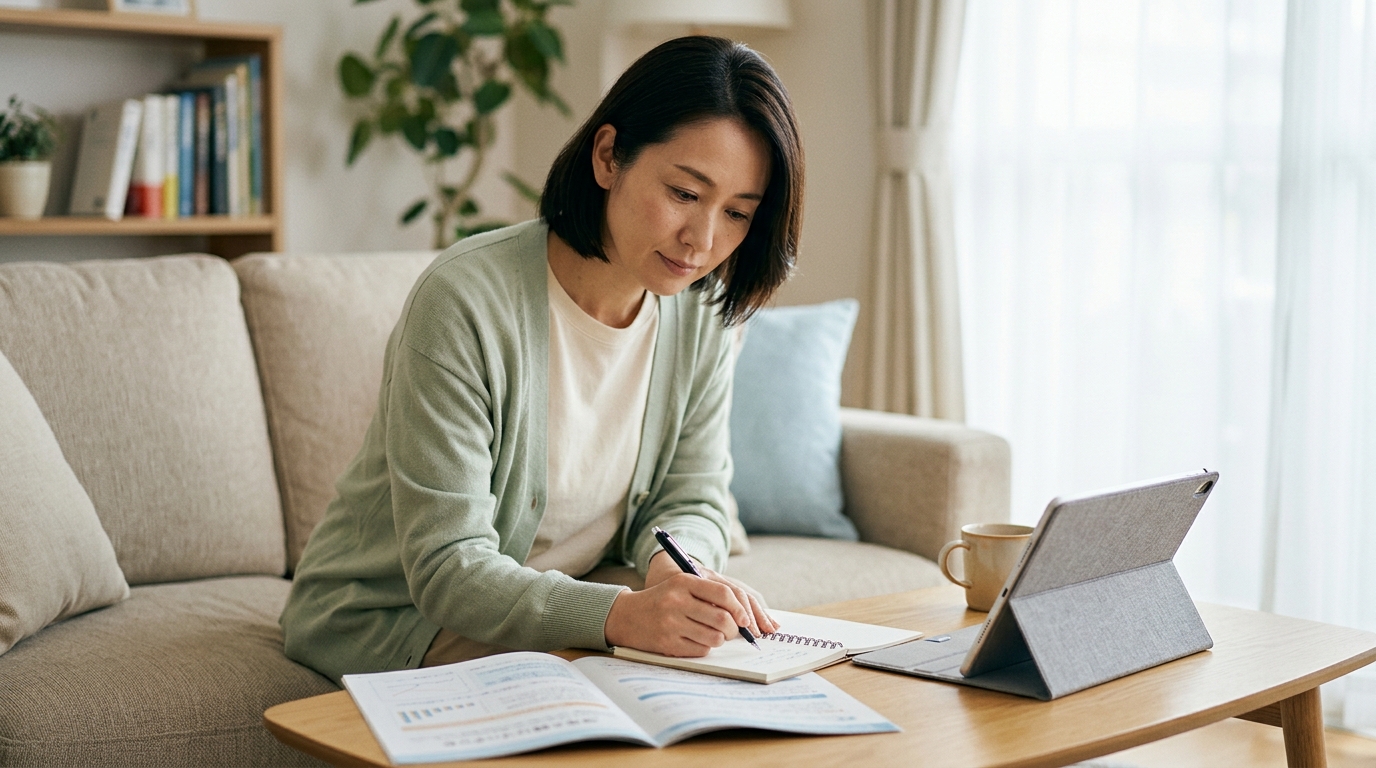 リビングでタブレットを使いながらメモ帳に自治体の支援制度を調べた内容を書き留める保護者