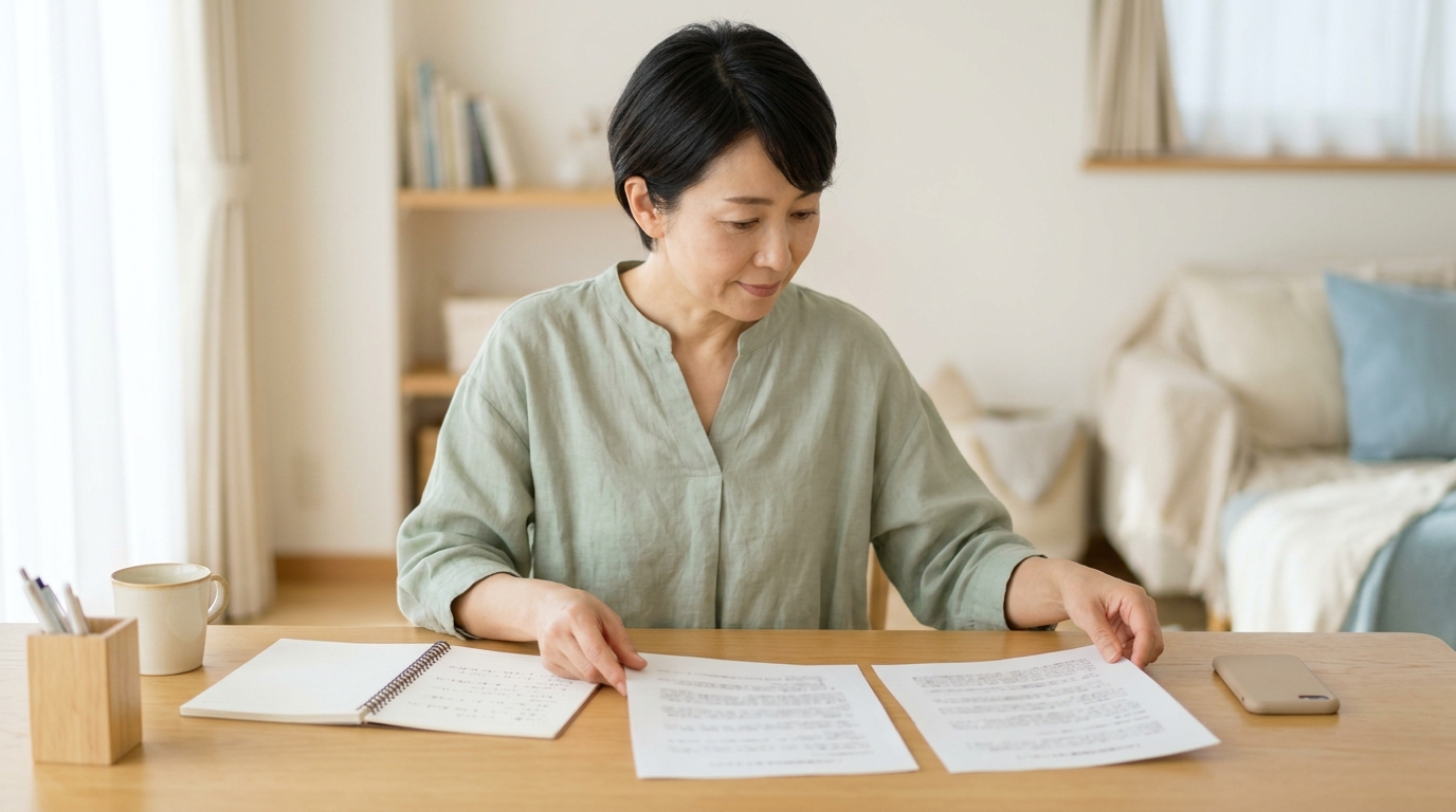 保護者が自宅の学習机で通知書類と学習記録ノートを並べて確認している場面
