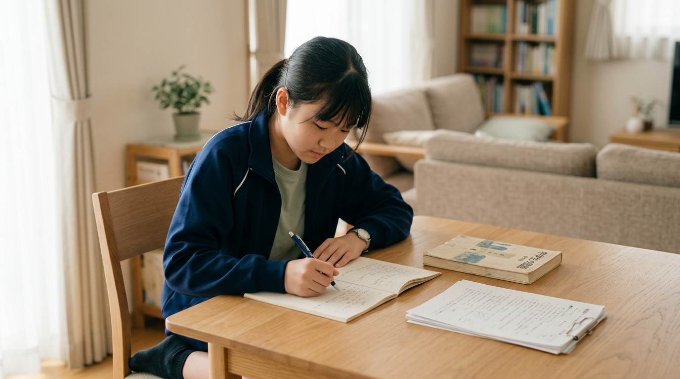 中学生が自宅のリビングで教材に向かって書き物をしており、横に学習記録ノートが置かれている