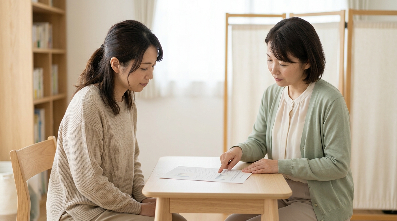 相談室で保護者と支援担当の教員が書類を前にして穏やかに話し合っている場面