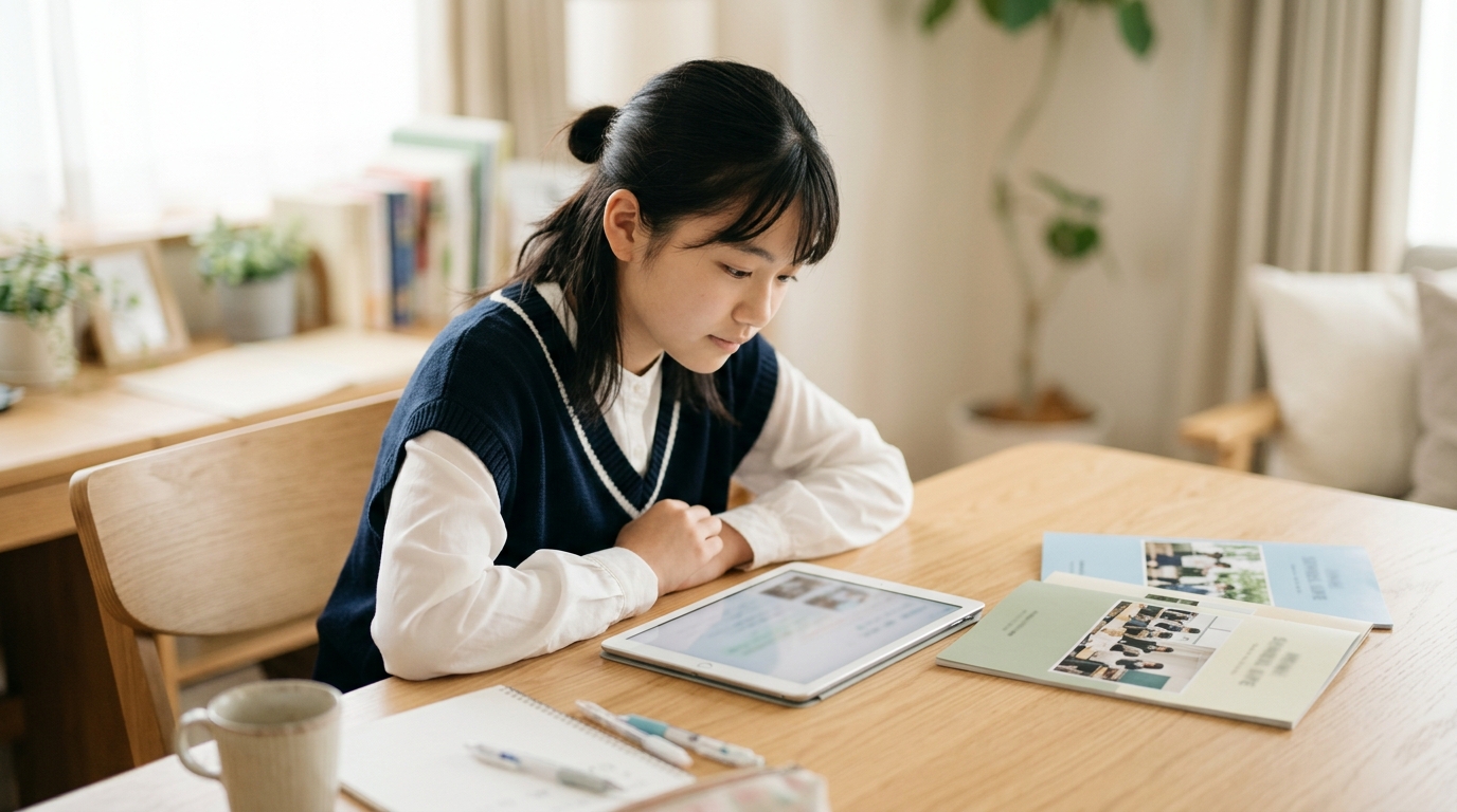 中学生が自宅の学習机でタブレットと教材を使って学習に取り組んでいる場面