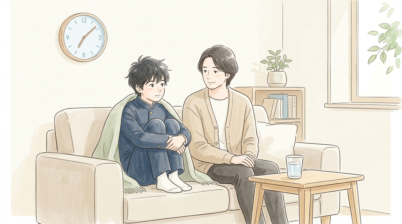 中学生の子どもがリビングのソファでひざを抱えて座り、母親がそっと隣に寄り添っている場面