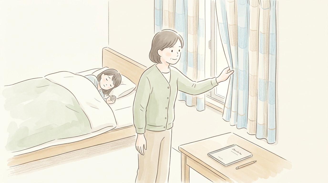 朝、母親が子どもの部屋のカーテンをそっと開けようとしている様子