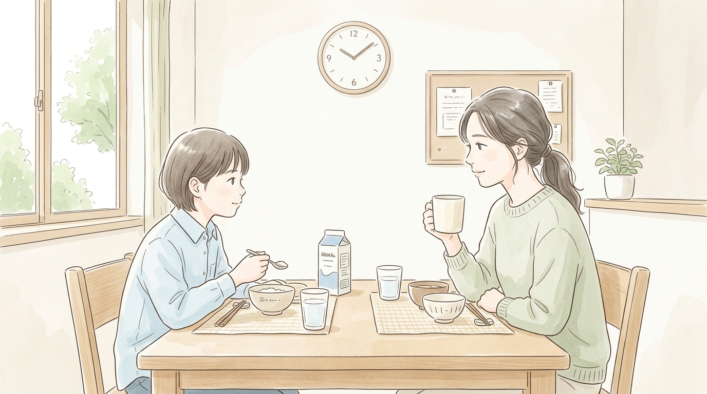 母親と中学生の子どもがキッチンのテーブルで向かい合い、一緒に朝食を食べている場面