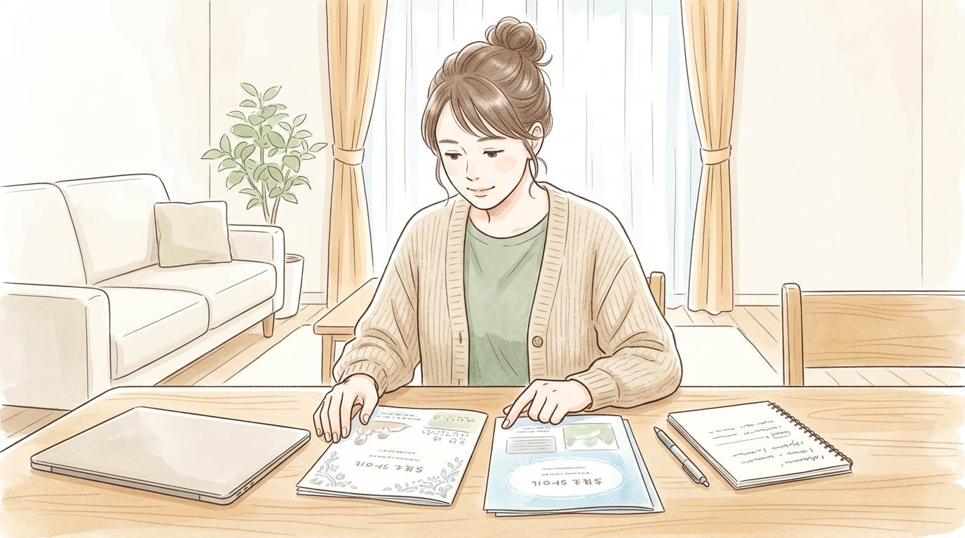保護者がリビングのテーブルに複数の学校案内パンフレットを並べて見比べている様子