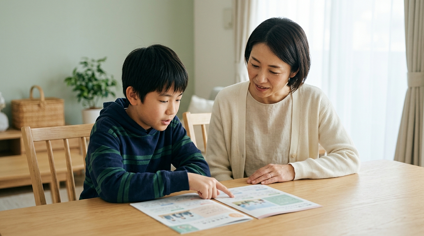 母親と中学生の子どもがリビングのテーブルでメタバース登校の資料を並べて確認している