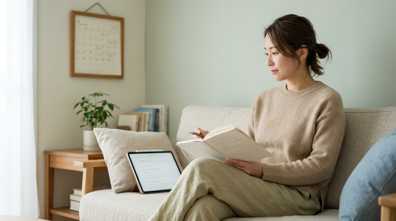 保護者がリビングのソファでノートとタブレットを見ながらメタバース登校について調べている場面