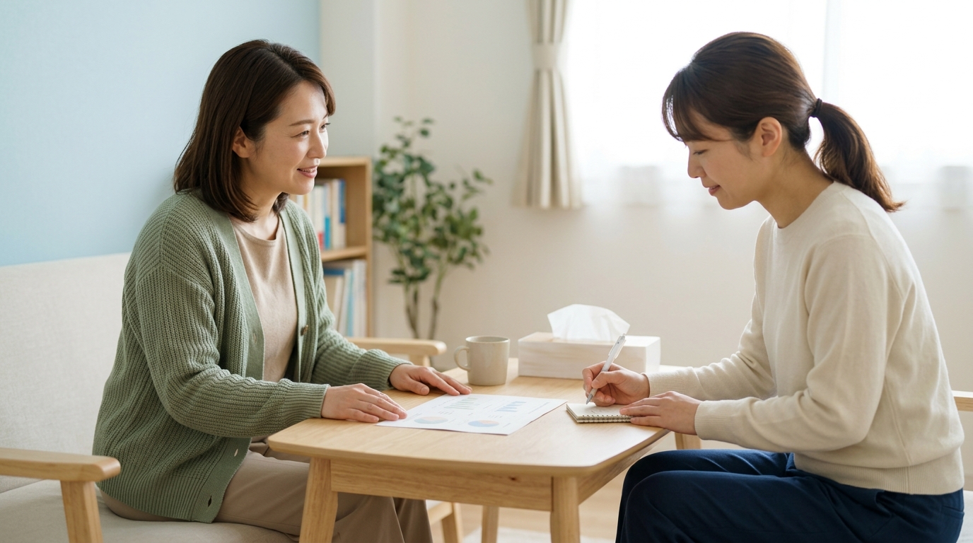 スクールカウンセラーが保護者に資料を示しながらメタバース登校の自治体取り組みを説明している