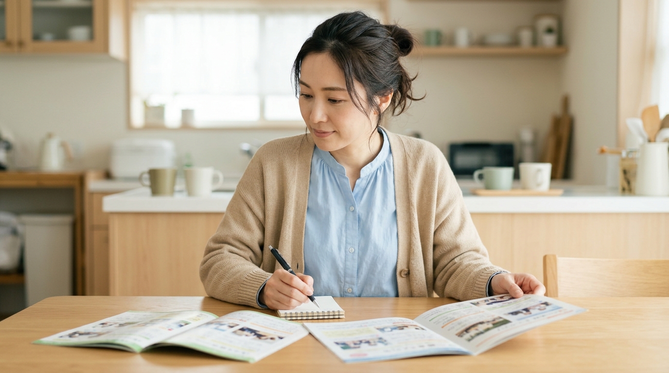 母親が台所のテーブルで複数の学校案内パンフレットを並べてメモを書きながら検討している