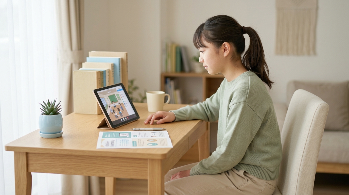 不登校の中学生がメタバース登校で居場所を見つけ、自宅の勉強机でタブレットを操作している様子