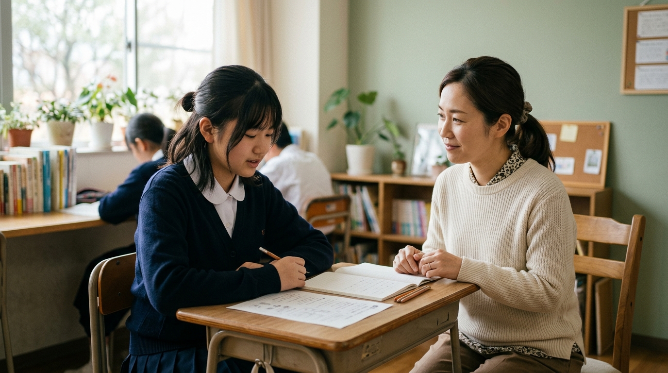 学校の支援室で支援員と向き合って座る中学生