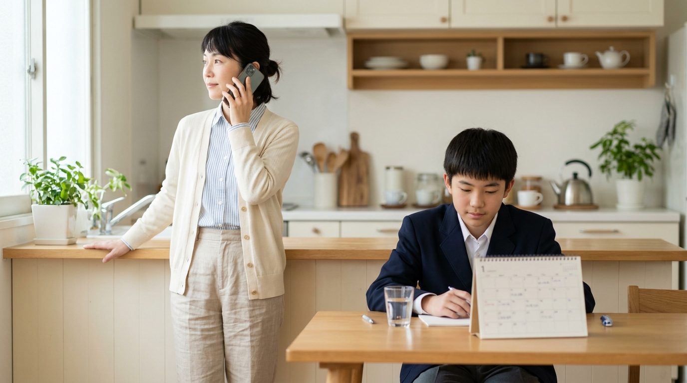 学校に相談の電話をかける母親と傍らで待つ中学生