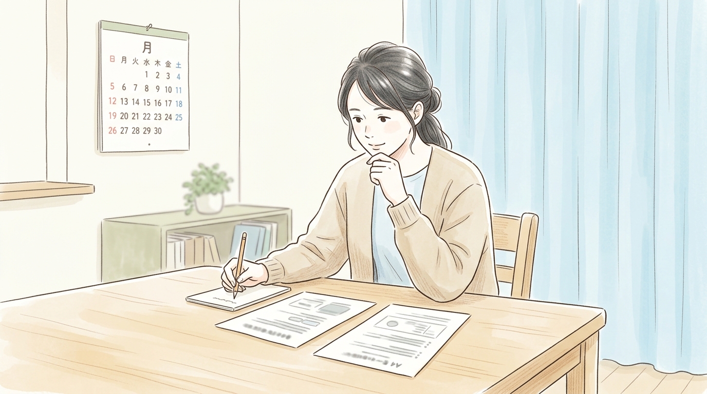 保護者が不登校に関する調査資料を居間のテーブルで読み比べている場面