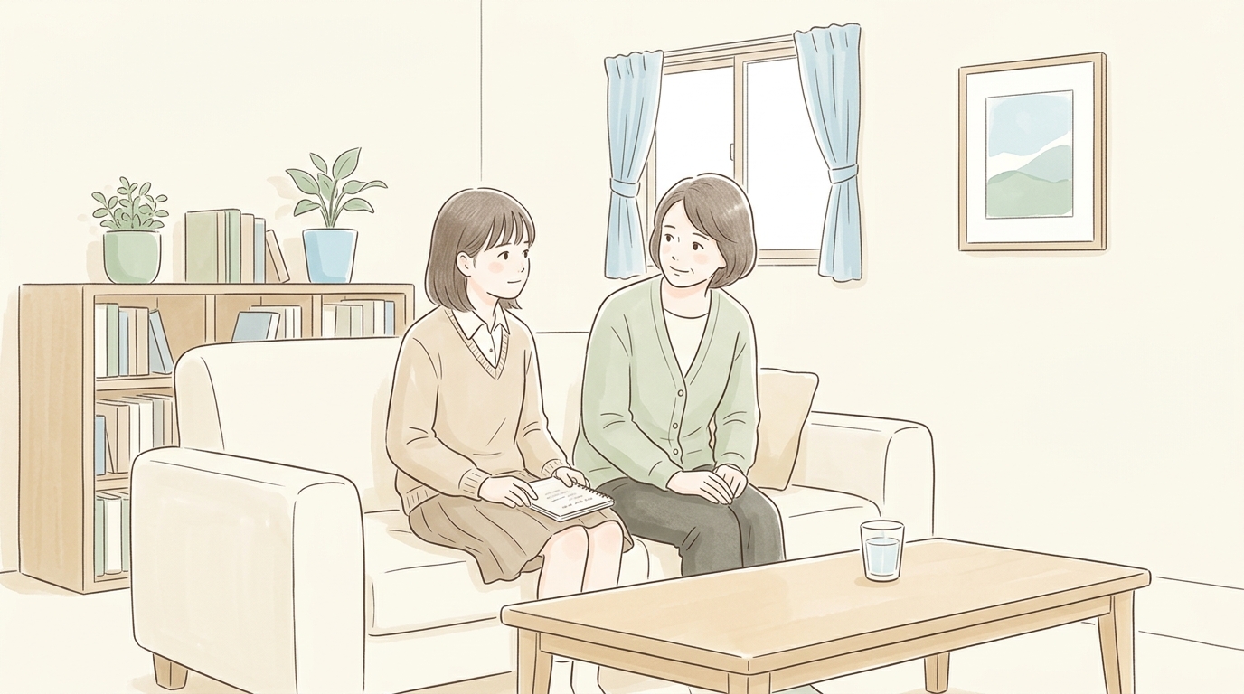 中学生の子どもがリビングのソファで親と並んで座り静かに話している場面