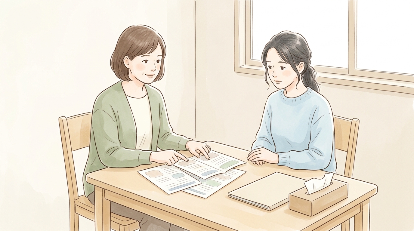 支援施設の相談室でスタッフが保護者にパンフレットを並べて説明している様子