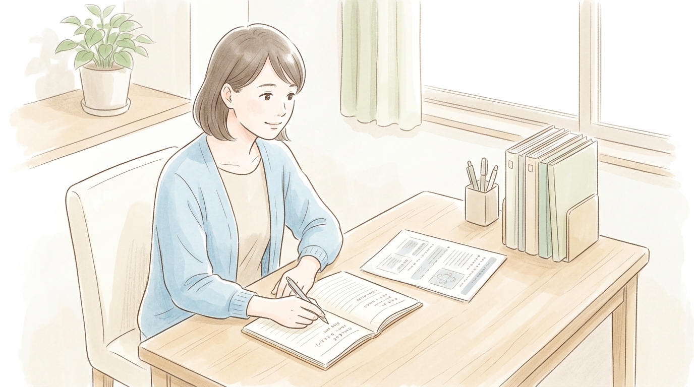 保護者が自宅の勉強机でノートに書き込みながら資料を確認している場面