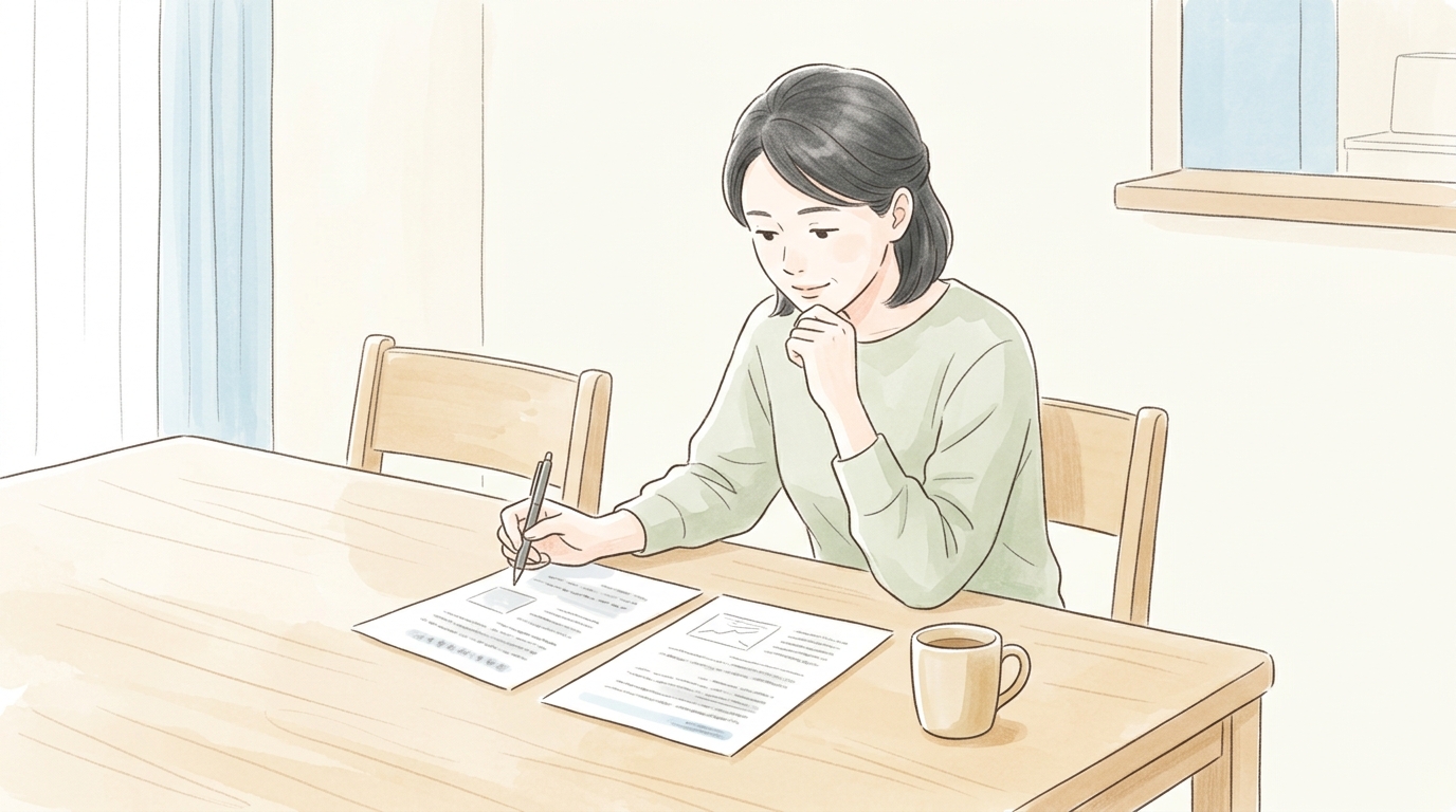 不登校継続率とは何かを調べる母親がリビングテーブルで文書を広げている様子
