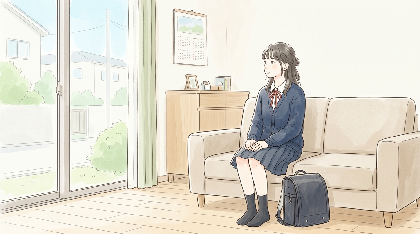 学校帰りの中学生が制服姿でリビングのソファに座り、やや疲れた表情で窓の外を見ている