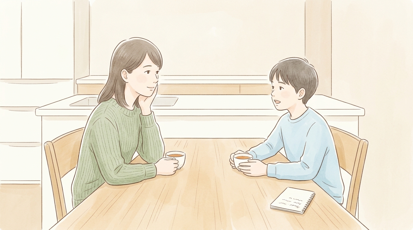 母親と中学生のきょうだいがキッチンテーブルでふたりだけでお茶を飲みながら話している様子
