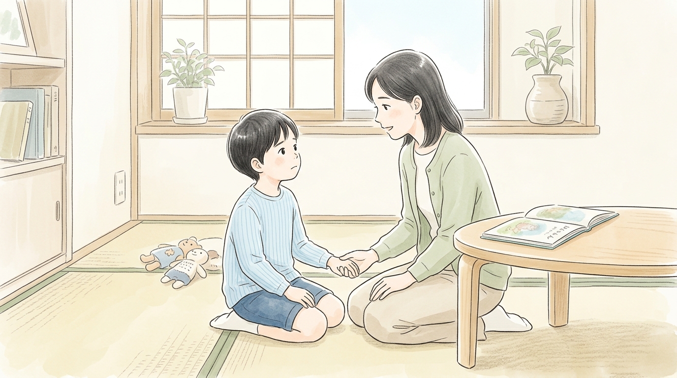 母親がリビングで小学生の子どもに穏やかに話しかけている。テーブルの上には子ども向けの本が置かれている
