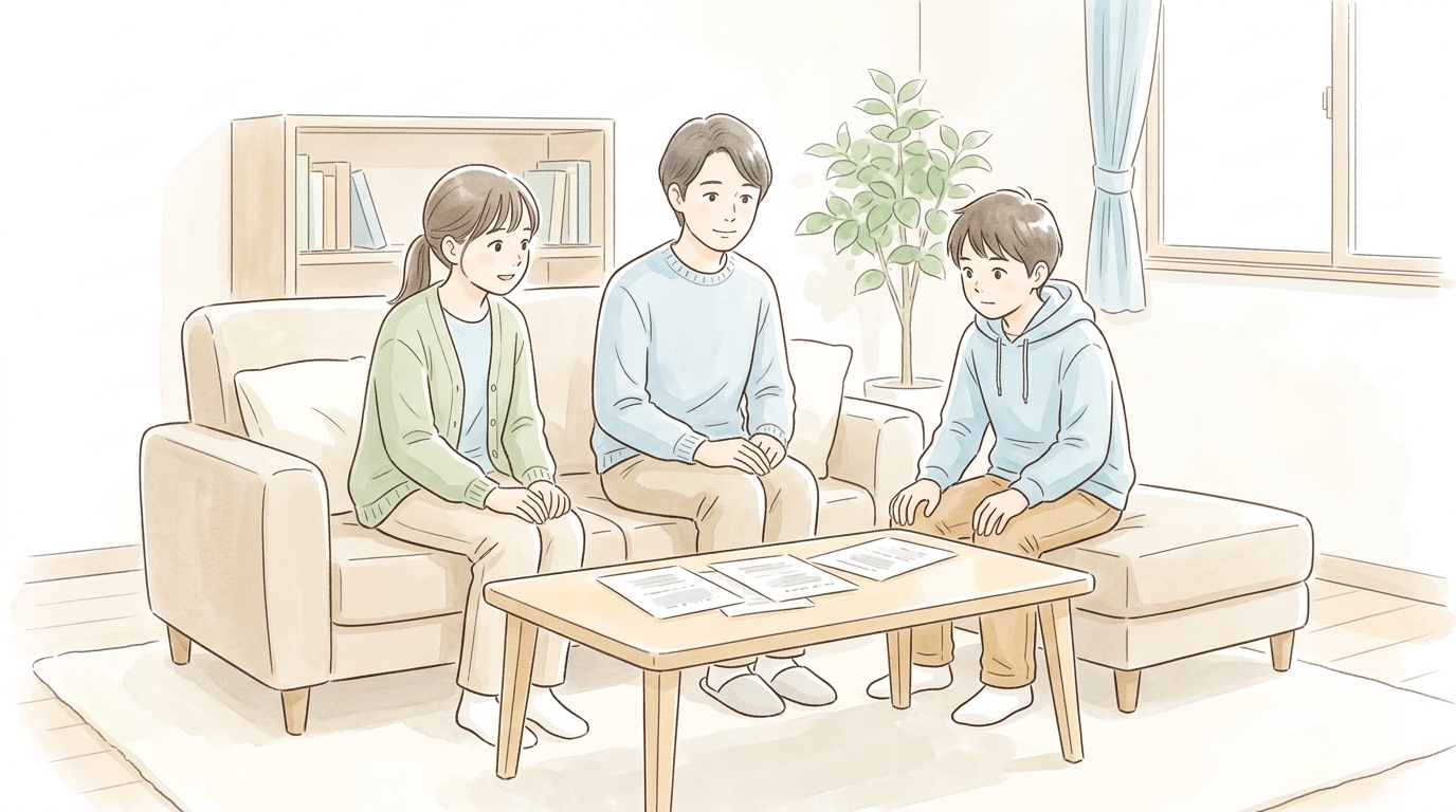 保護者がリビングでふたりの子どもそれぞれに向き合い、穏やかに話し合いの場を設けている場面