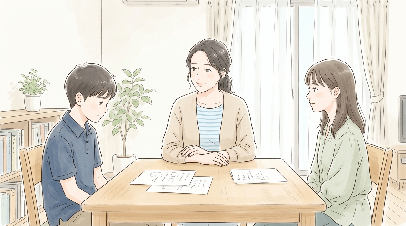 不登校のきょうだいへの影響を心配する母親がリビングでふたりの子どもといっしょにテーブルに座っている様子