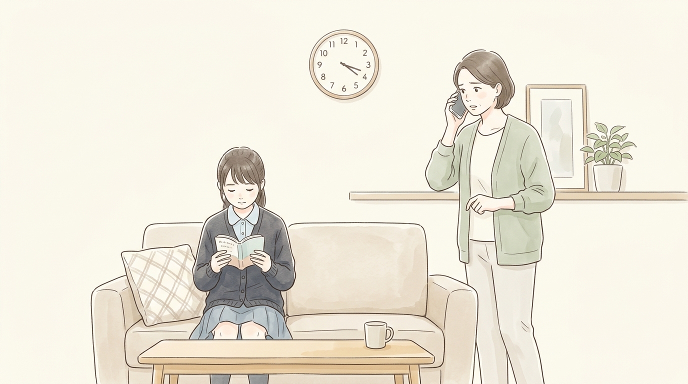 不登校の子どもが自宅のソファで過ごし、そばで母親が仕事の電話をしている様子