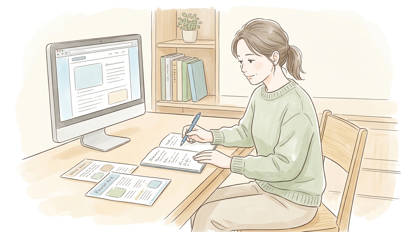 職場の制度について調べる母親が自宅の机でノートにメモを取っている様子