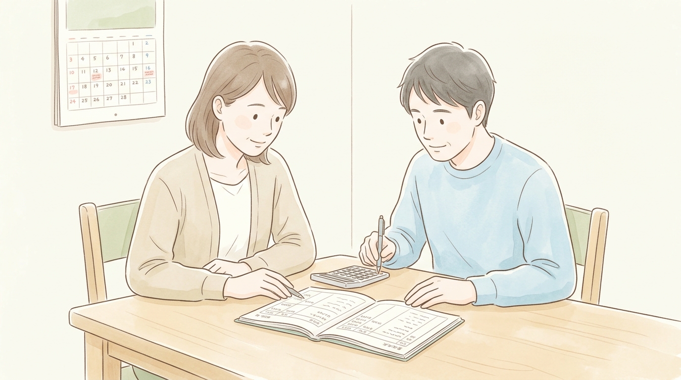 家計の見直しをする夫婦がキッチンテーブルで家計簿と電卓を使っている様子