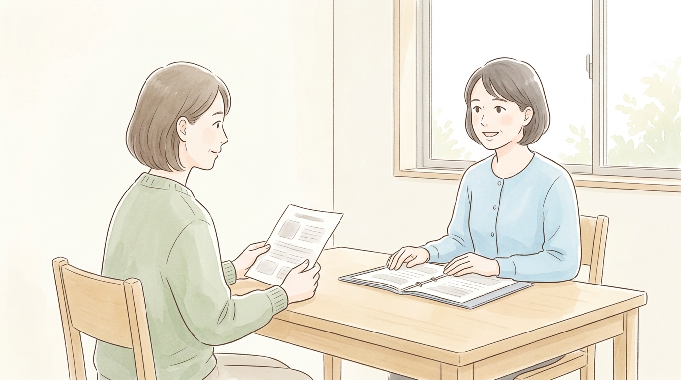 市区町村の相談窓口で担当者と話す母親が書類を手にしている様子