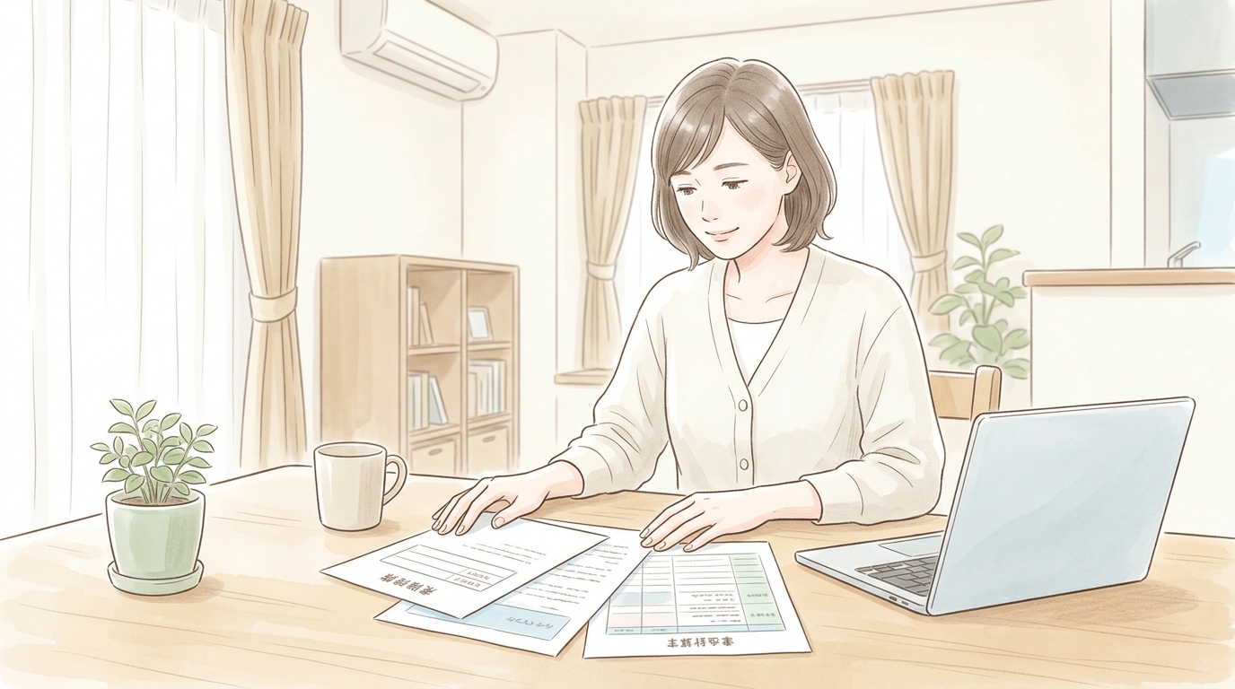不登校離職を前に仕事を辞めるか悩む母親がリビングのテーブルで書類を見ている様子