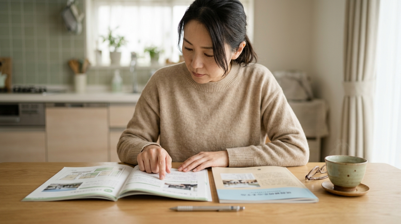 保護者が学びの多様化学校に関する資料をダイニングテーブルで読み比べている