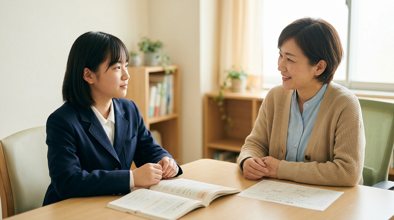中学生の子どもが自分のペースで学習できる教室で先生と向き合って話している