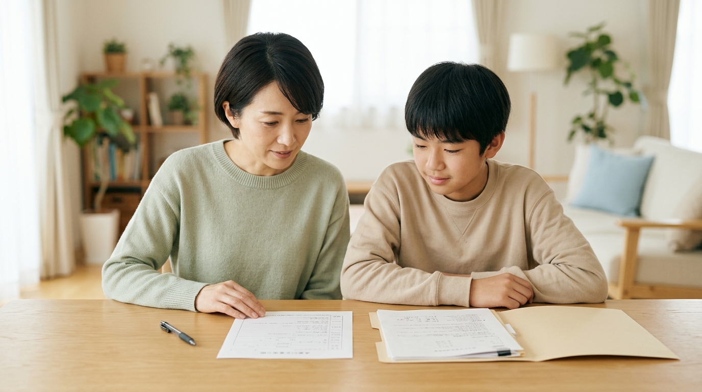 保護者と子どもが学校の転入申し込み書類をリビングで一緒に確認している