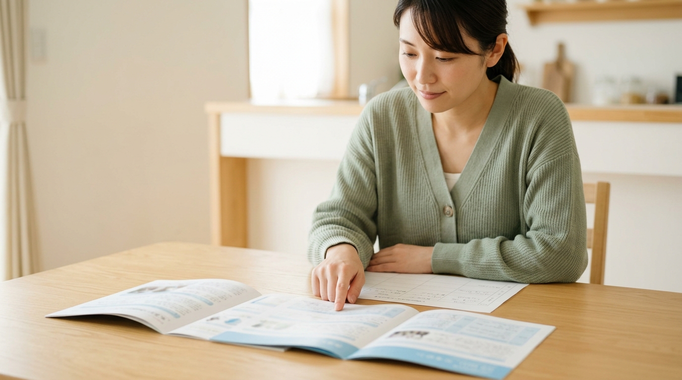 保護者が学校・フリースクール・通信制高校の資料を並べてダイニングで比較している