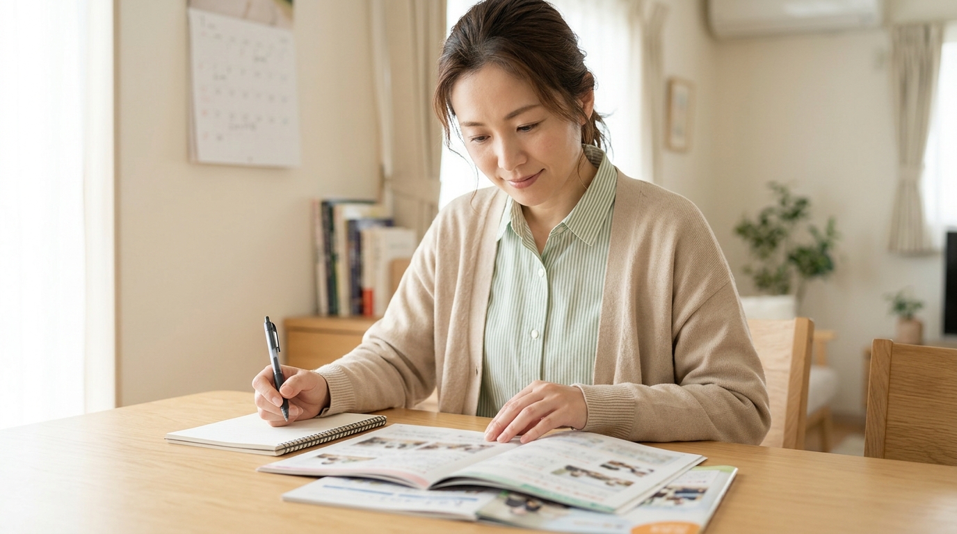 学びの多様化学校とは何かを調べる保護者がリビングのテーブルで資料を広げている様子