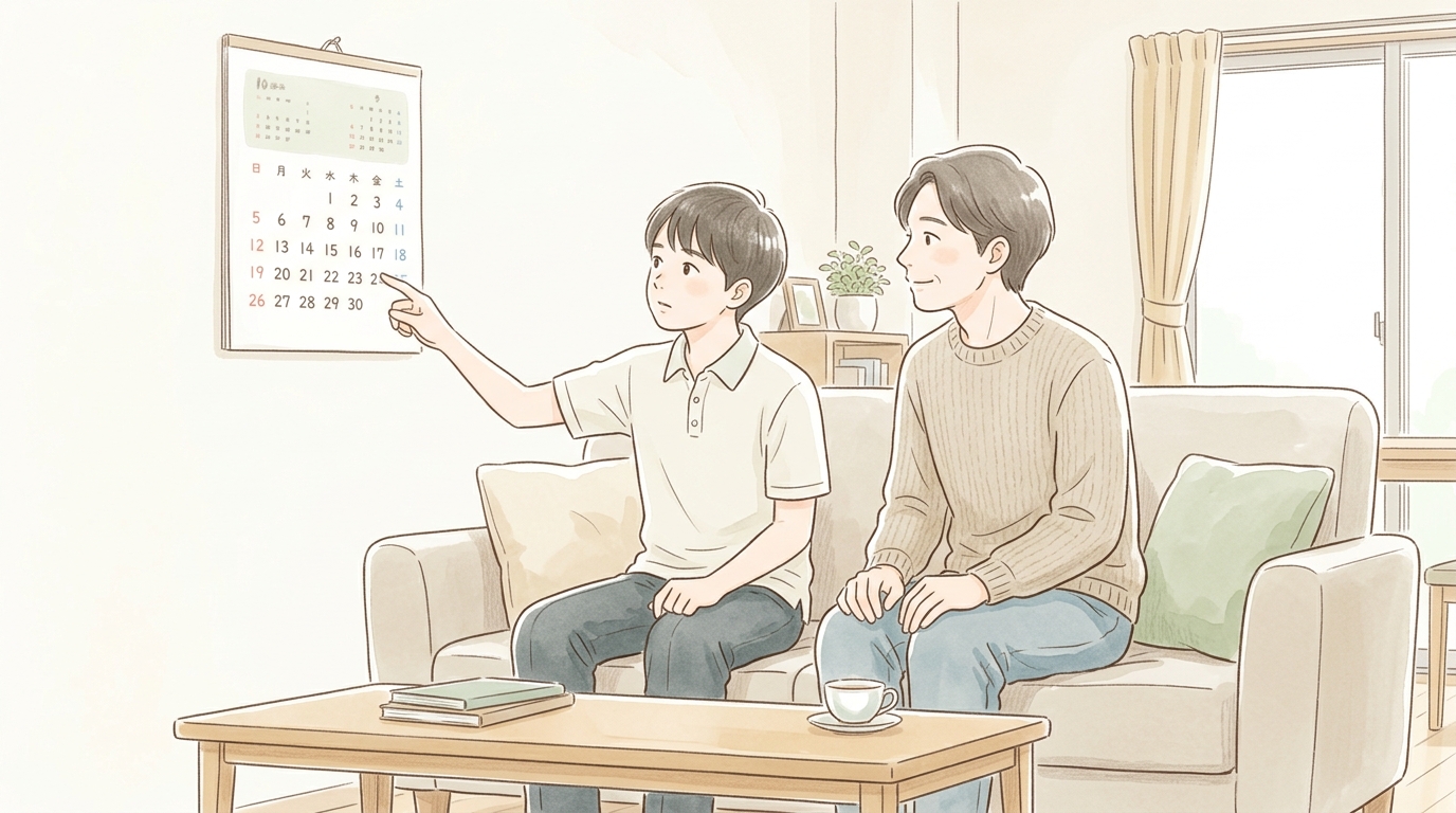 リビングで中学生の子どもが母親の隣に座り、二人でカレンダーを見ている様子