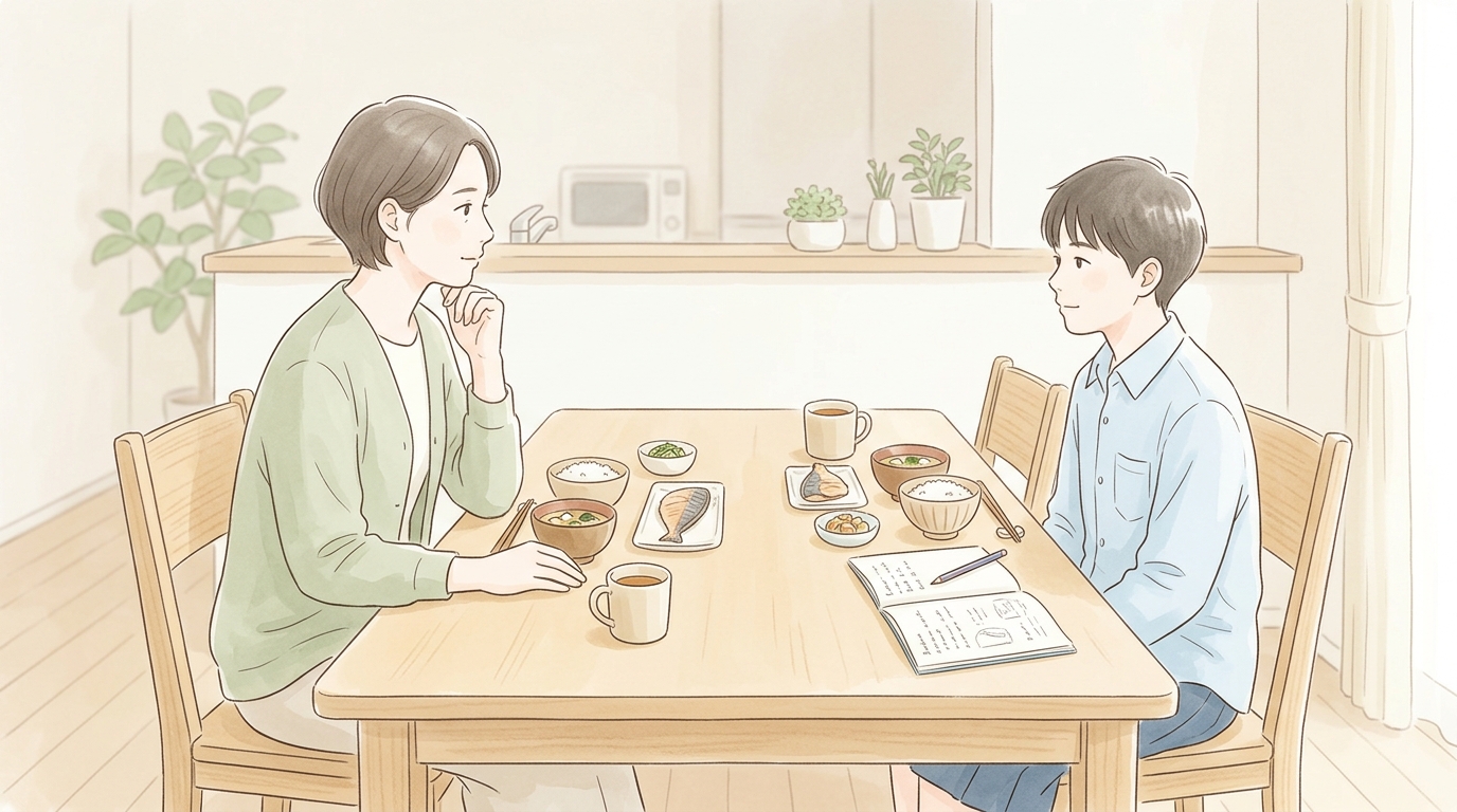 キッチンテーブルで朝食を一緒に食べながら会話する親子