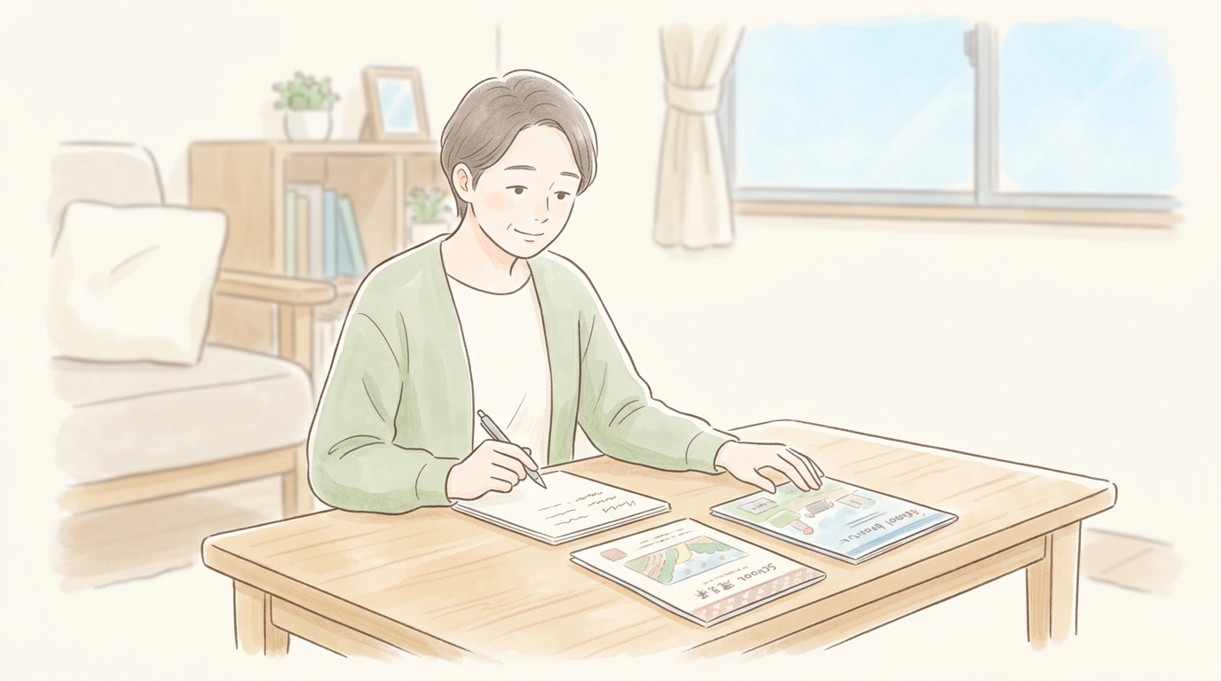 リビングのテーブルで保護者が複数の学校パンフレットを並べて比較している
