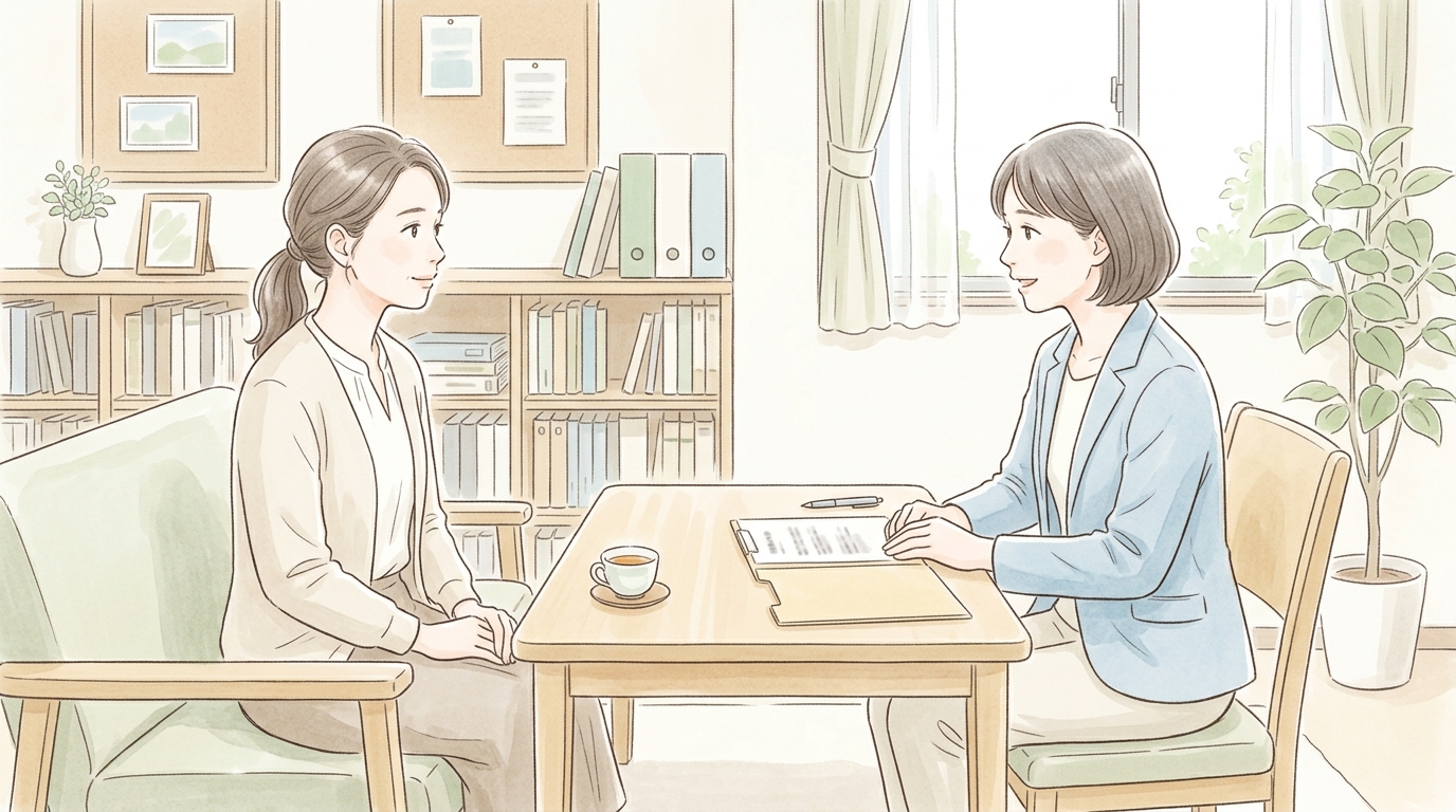 カウンセリングルームで保護者が支援者と向かい合って穏やかに話し合っている場面