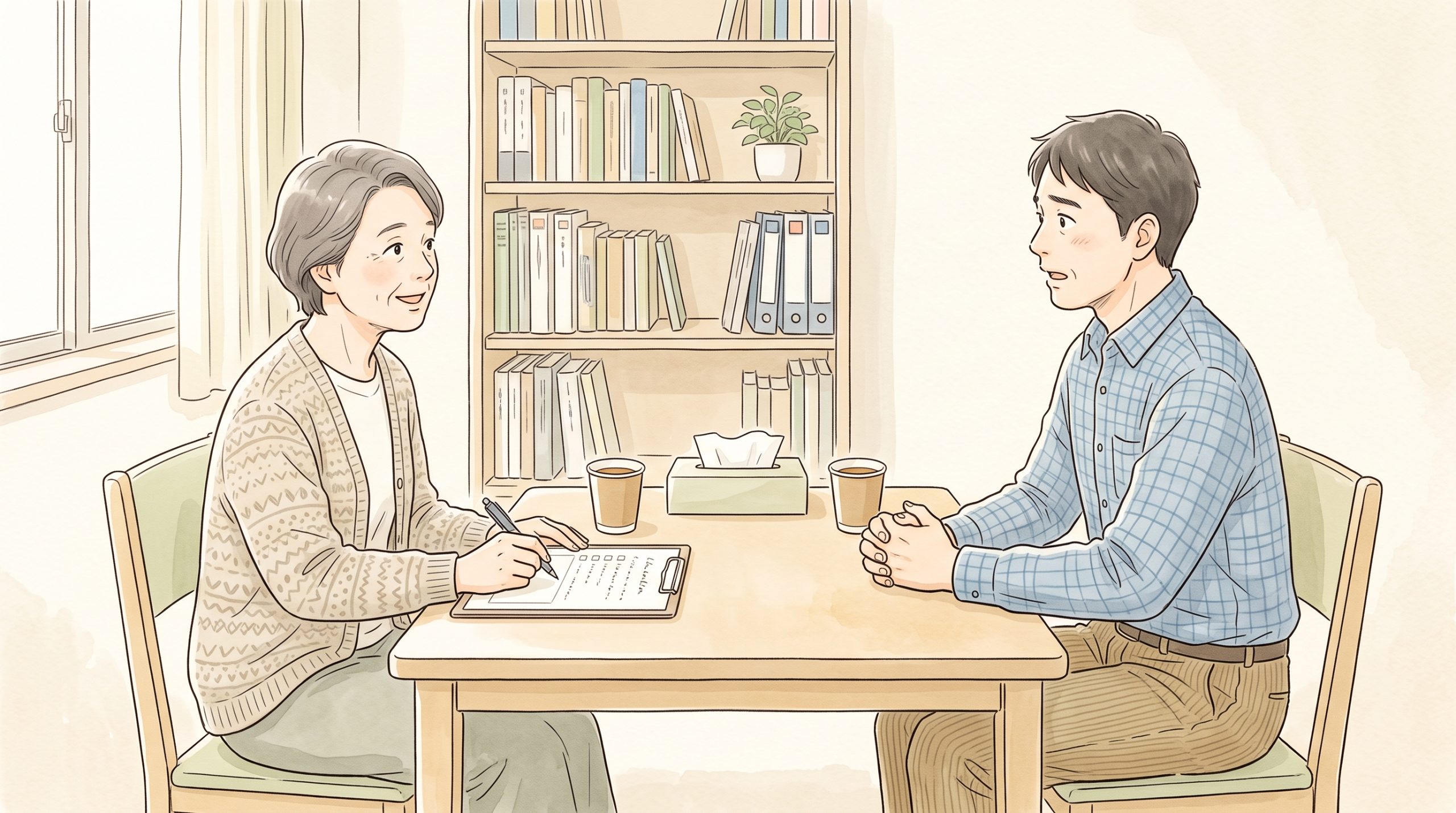 学校の相談室で、保護者と支援員の女性が向かい合って静かに話している様子。