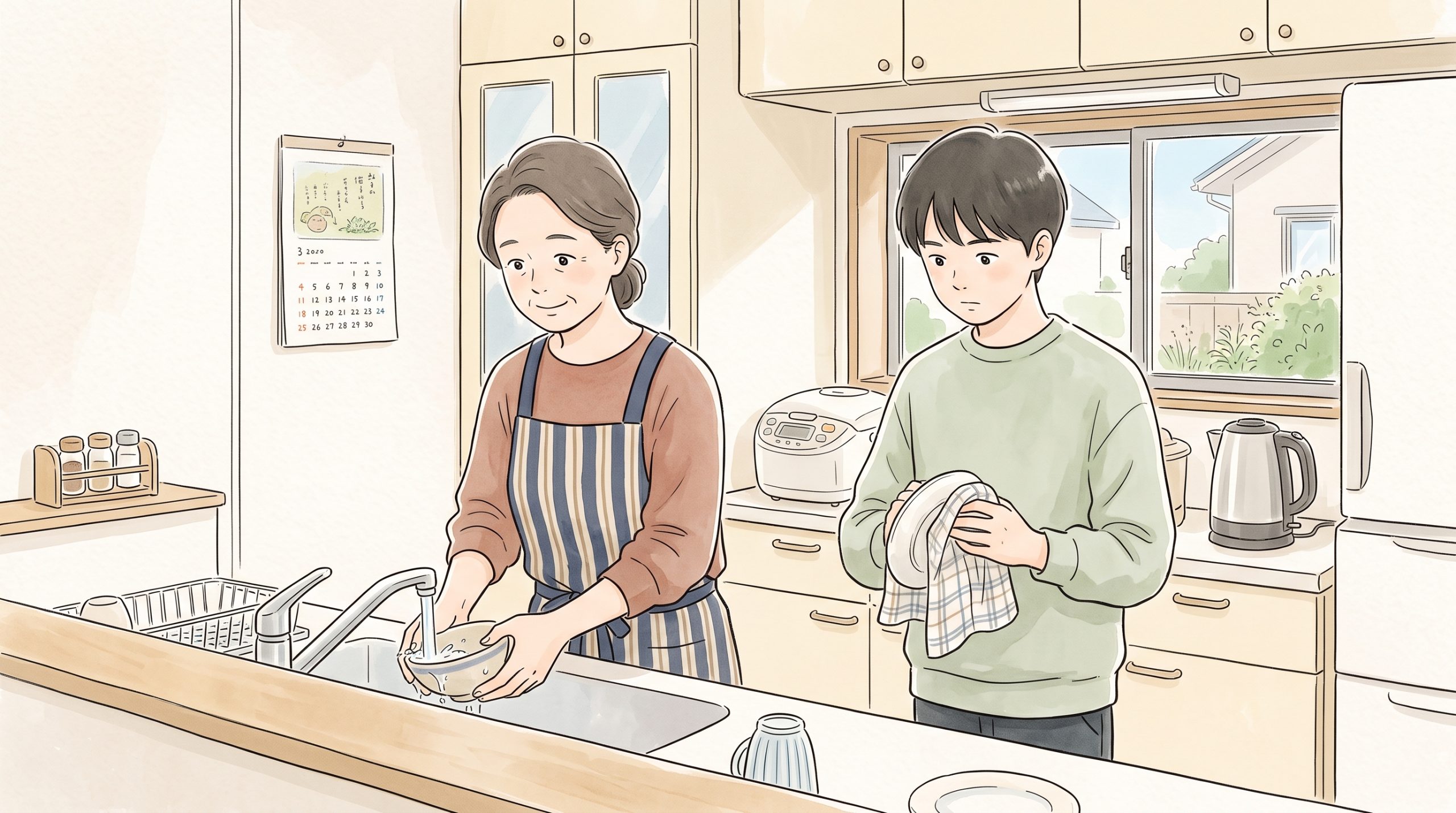 台所のカウンターで、保護者と中学生が並んで立ち、洗い物や皿の片づけをしている様子。