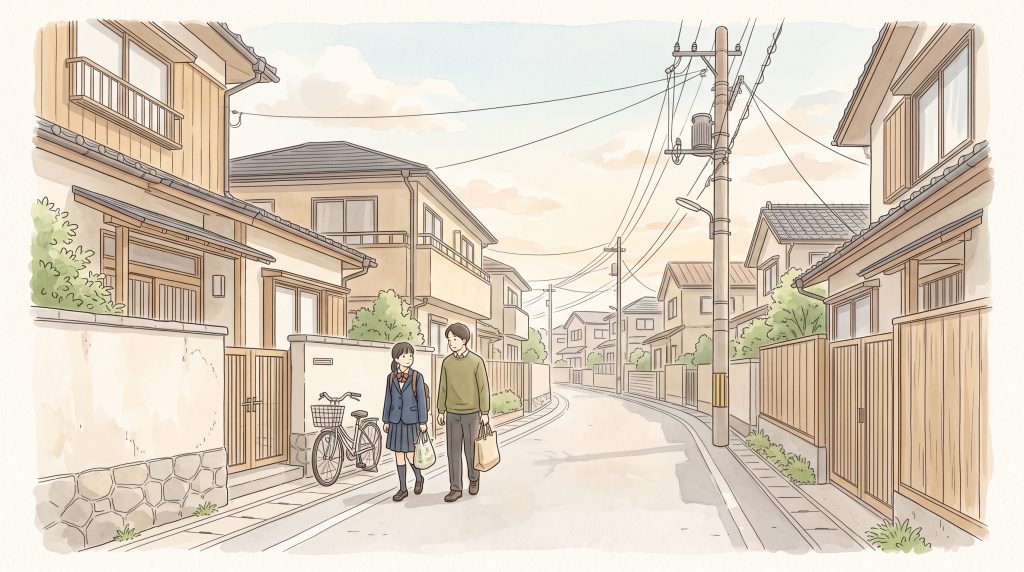 夕方の住宅街の歩道を、制服姿の中学生が保護者と並んで歩いている様子。不登校のゲーム依存に悩む親の対応を考える場面。