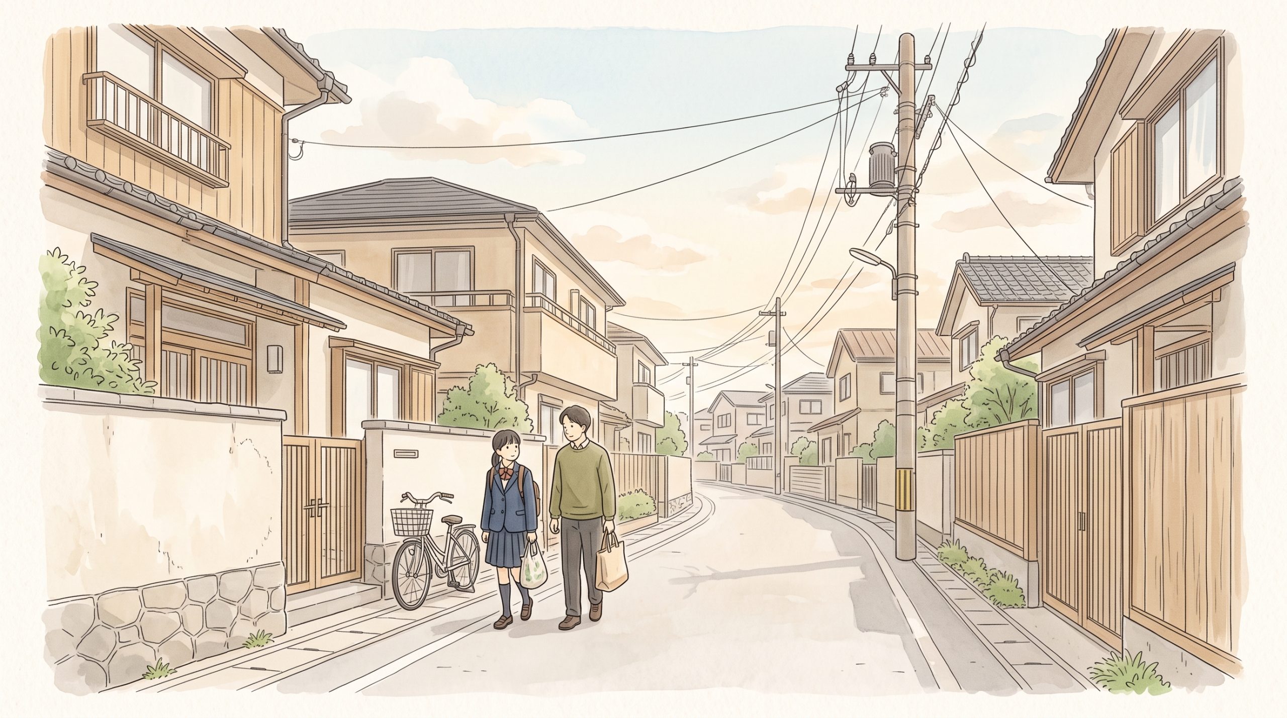 夕方の住宅街の歩道を、制服姿の中学生が保護者と並んで歩いている様子。不登校のゲーム依存に悩む親の対応を考える場面。