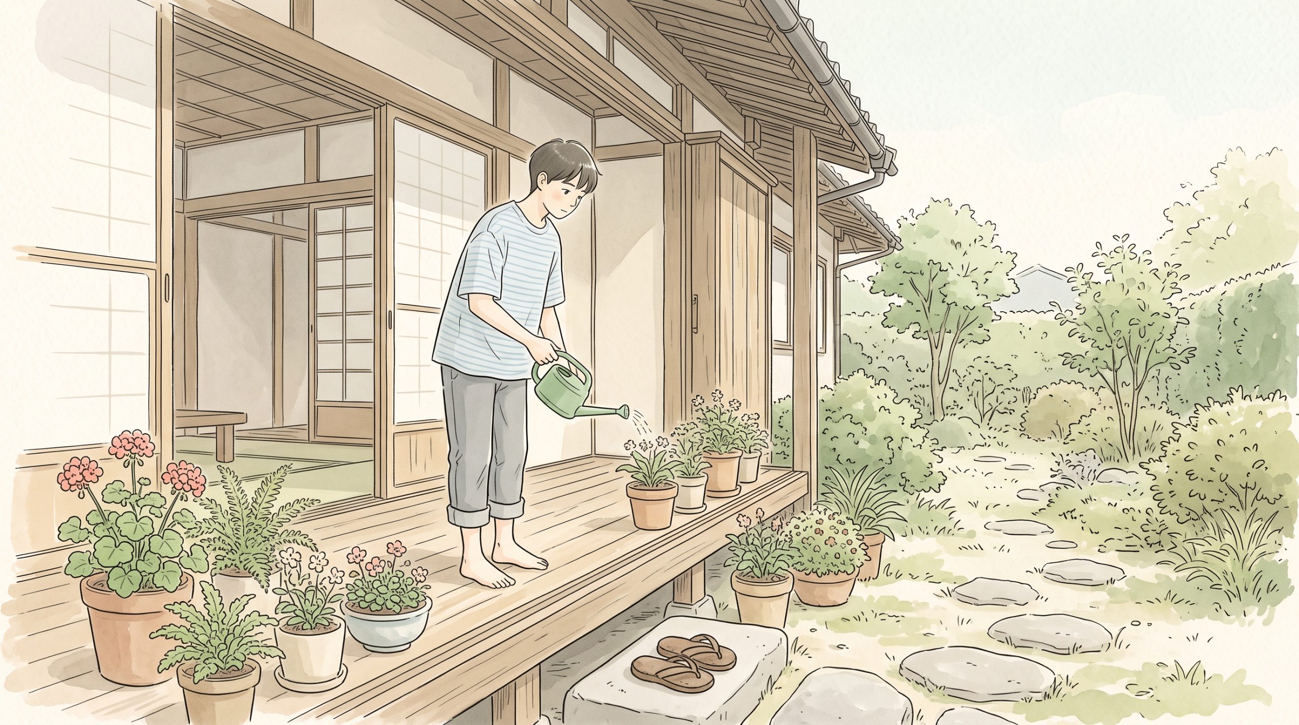 祖父母の家の縁側で、鉢植えに水をやる中学生年代の男子生徒
