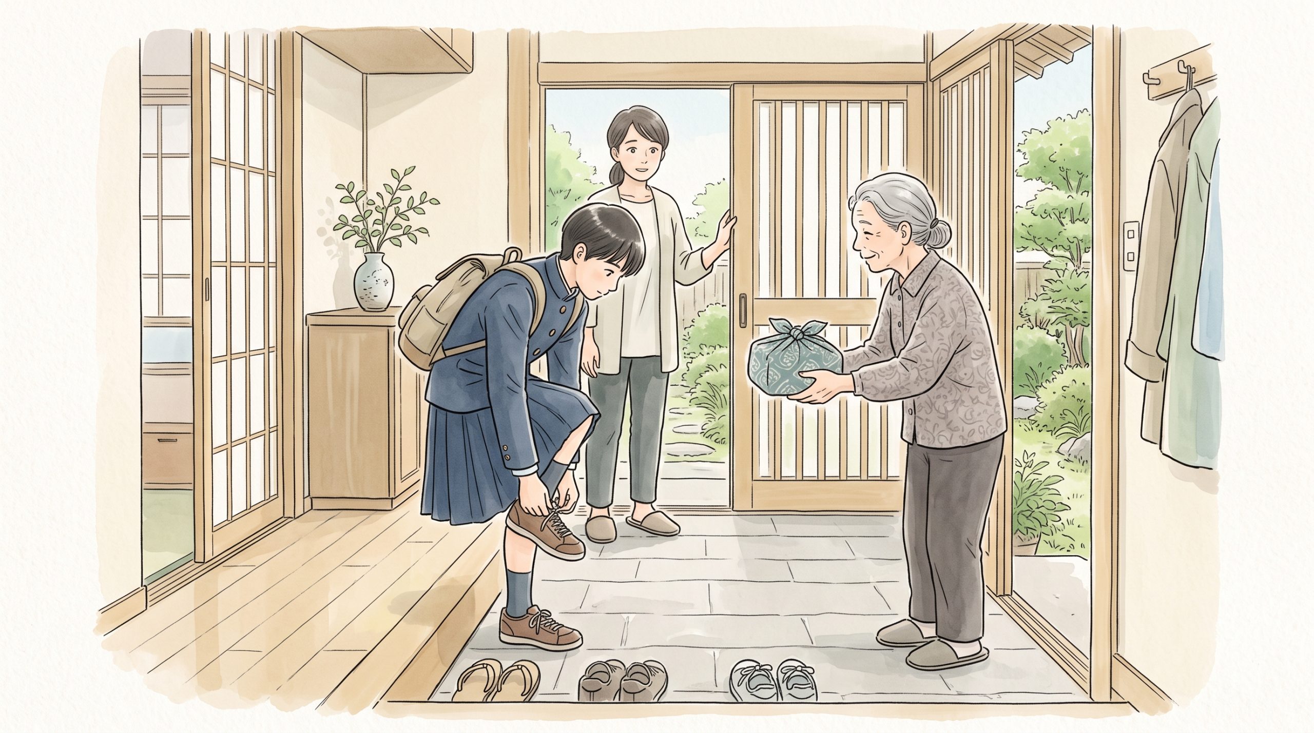 玄関先で靴を履く中学生と、荷物を手渡す祖母と保護者の様子