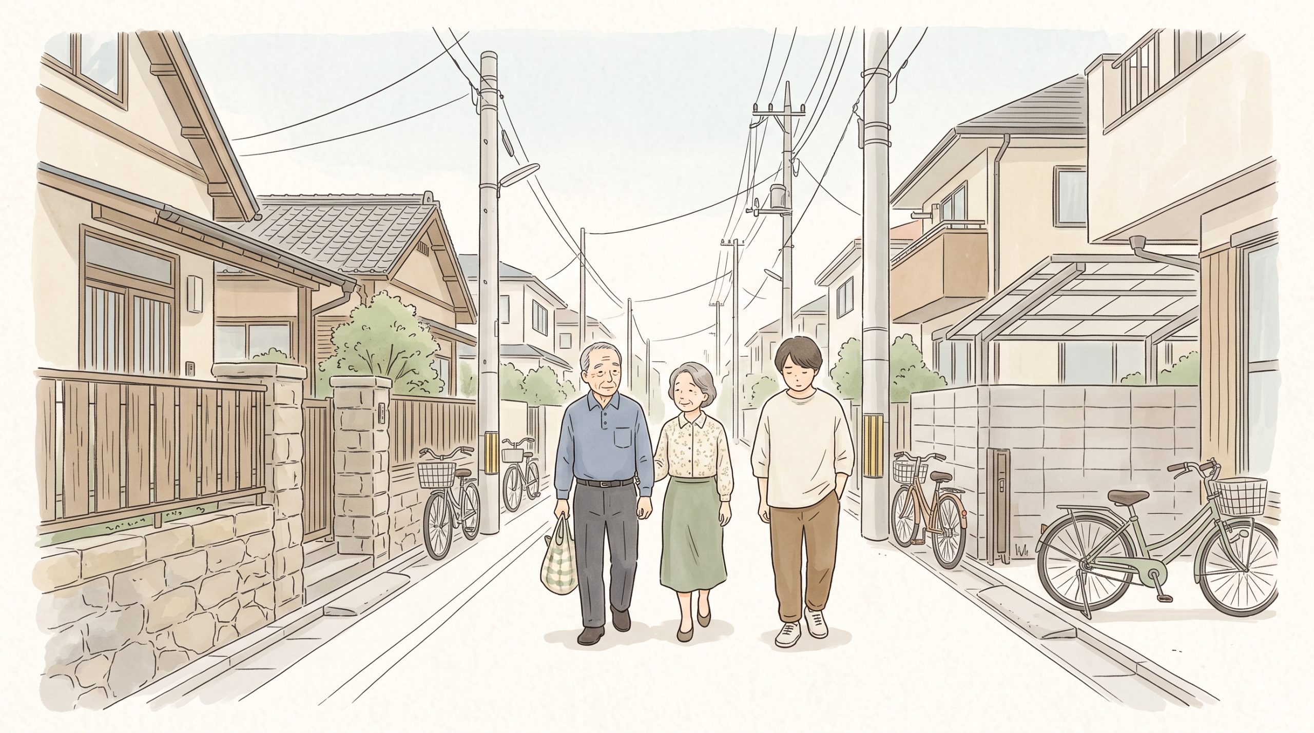 不登校を祖父母に理解してもらえない悩みをテーマに、住宅街の道を並んで歩く高齢の男女と保護者の後ろ姿